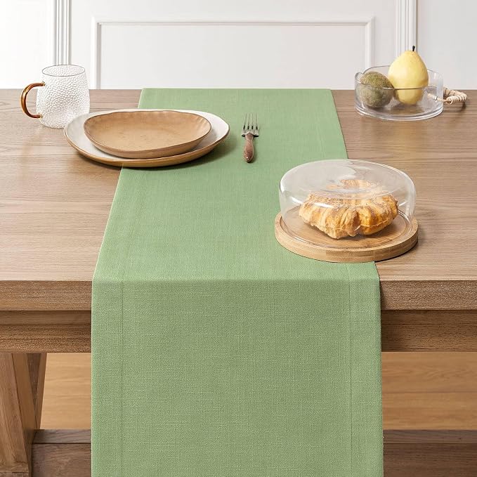 Linen Textured Border Table Runner, 14 x 108 Inch Green | Mitered Corner Design - Image 3