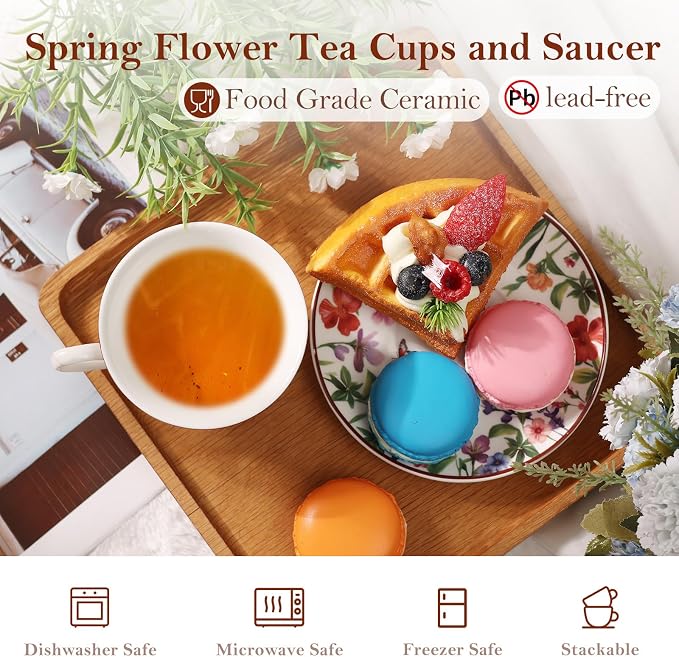 Tea Cups and Saucers, 8 OZ Wildflower Porcelain Tea Cup - Image 5