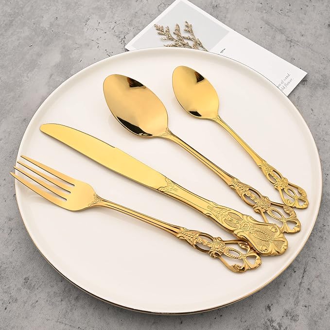 8-Piece Luxury Royal Silverware Set, 18/10 Stainless Steel Gold Flatware Set - Image 2