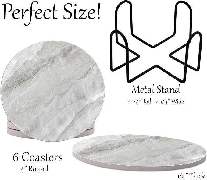 White Gray Marble Round Coasters Set of 6 - Image 2