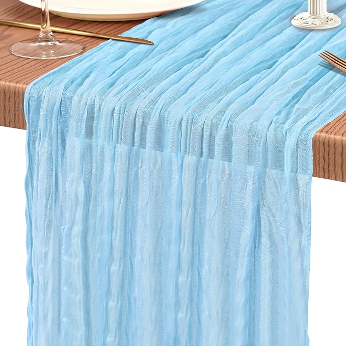 Showgeous 2 Pack Baby Blue Cheesecloth Table Runners Boho Wedding Decor | - Image 9