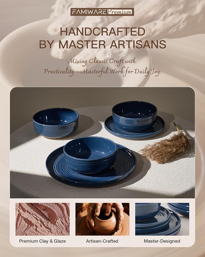 Dinnerware Set for 4, Ceramic Plates & Bowls, Abyssal Blue | 12-Piece Ceramic - Image 5