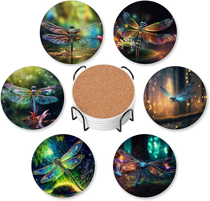6 Pcs Drink Coasters with Holder, Fantastic Dragonfly Forest Absorbent Round by TXIANT