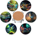 6 Pcs Drink Coasters with Holder, Fantastic Dragonfly Forest Absorbent Round by TXIANT