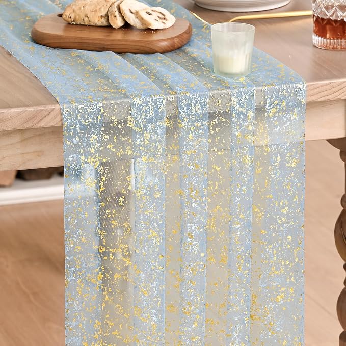 Artoid Mode 6PC Gold Gauze Light Blue Table Runner 120 Inch 10FT, Glitter by ArtoidMode