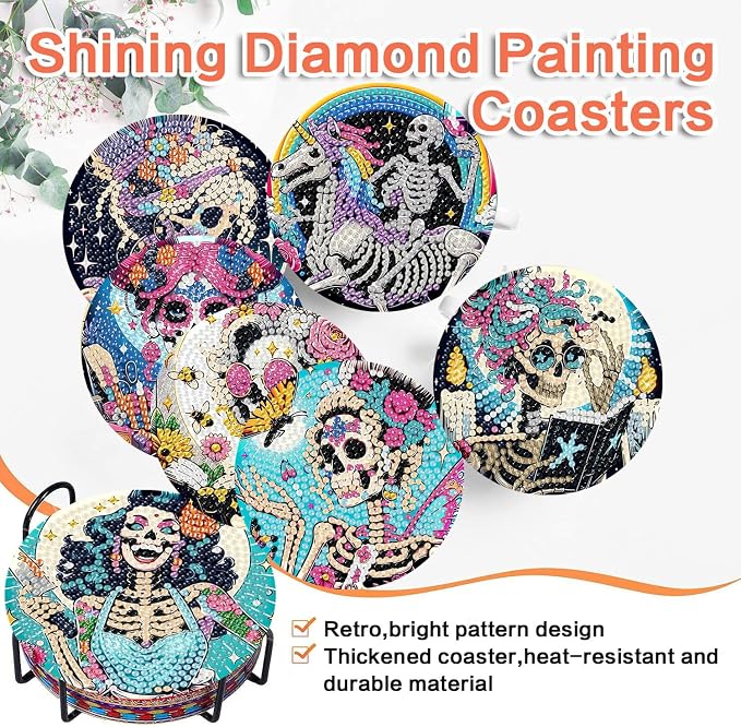 ijbnhd 8 PCS Skull Diamond Art Coasters Kit Diamond Painting Coasters | Skull - Image 8