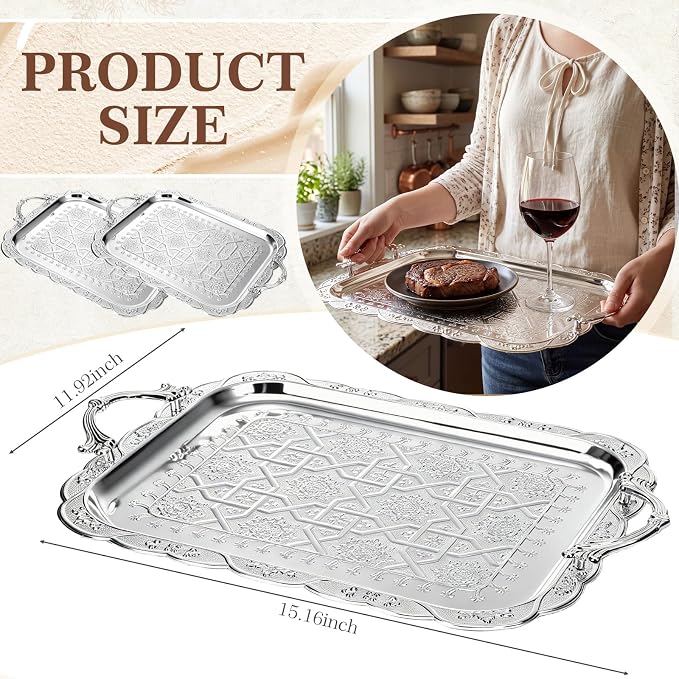 4 Pack Serving Tray with Handles 15.2 x 12.2 Inch Large Metal Plate Floral - Image 3