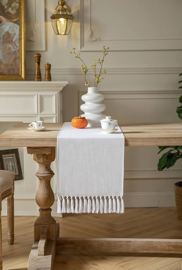 White Table Runners 108 Inches Long, Burlap Linen Style Rustic Farmhouse Table - Image 2