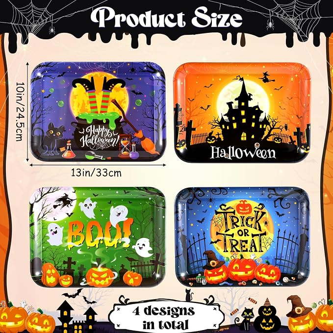 Vesici 4 Pcs 13 x 10 Inch Halloween Serving Trays Set Witch Haunted House Ghost - Image 2