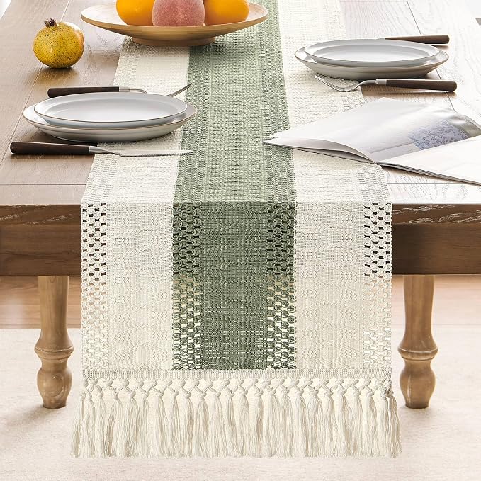 Macrame Style Bicolor Stitching Table Runner 14x90in Green | Woven Boho Table - Image 2