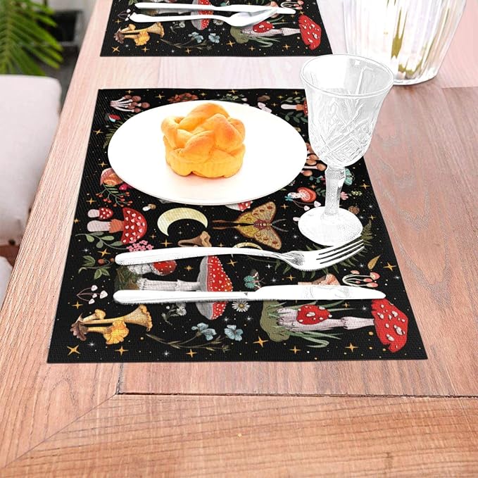 Mushroom Placemats Set of 4, Moth Gothic Witchy Table Mats, Heat Resistant - Image 2