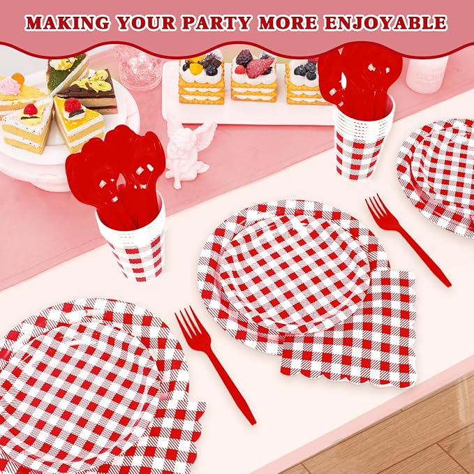 Vyntra 350 Pcs Red & White Checkered Gingham Paper Plates and Napkins Set - Image 7