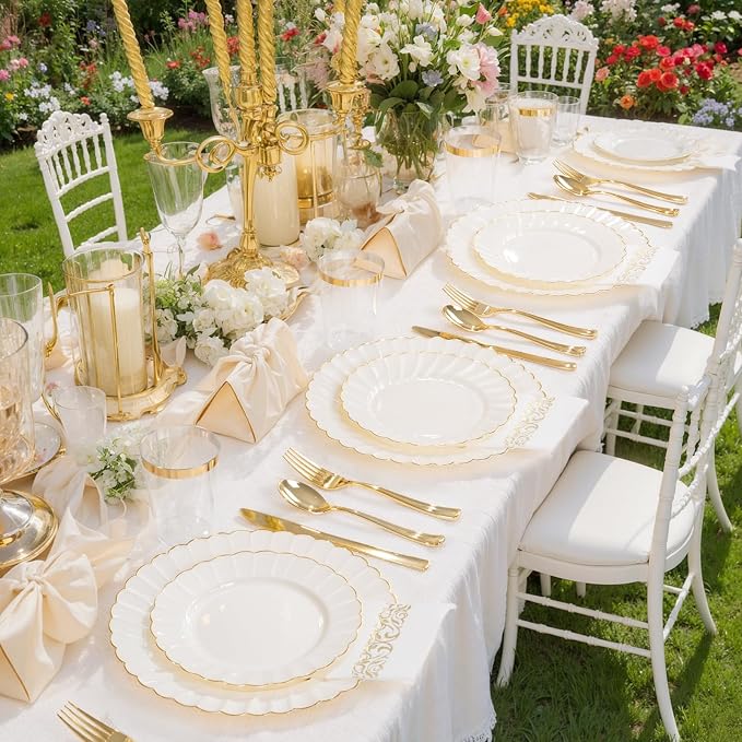 YOUBET 175PCS Ivory Scalloped Plastic Plates - Image 3