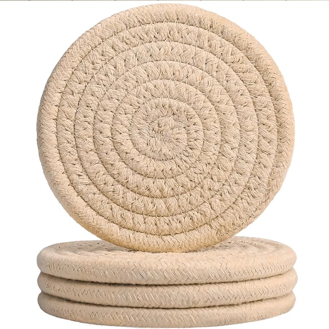 4PC Oversized Drink Coasters Set of 4, Large Woven Cotton Coasters, Boho by HIYALOT