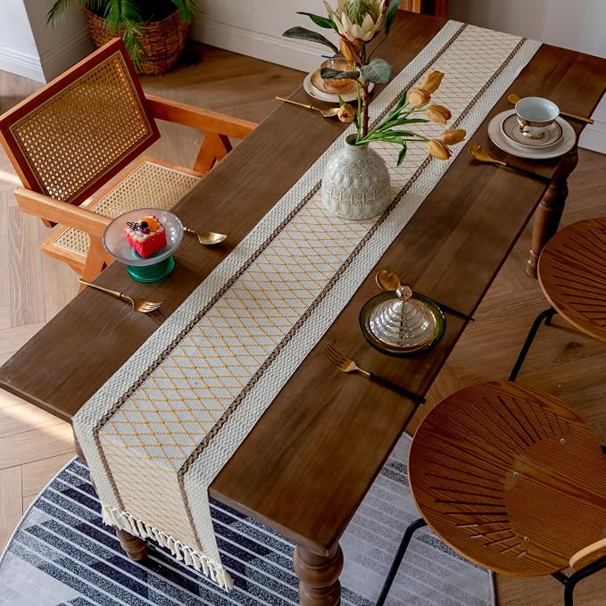 EMMTEEY Macrame Table Runner Boho Style 72 Inches Long, Hexagonal Yellow | - Image 7