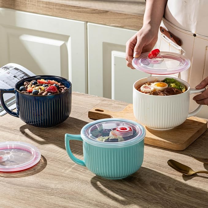 Ceramic Soup Bowl with Handle & Lid, Jumbo 38oz Microwave Ramen Bowl Gray | - Image 6