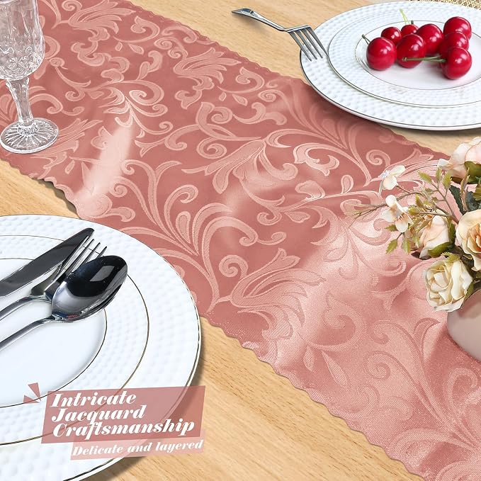 MILVOWOC Rose Gold Satin Table Runner, 4 Pack, 12 x 72 Inch | Jacquard Damask - Image 7