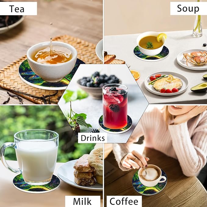 6 Pcs Drink Coasters with Holder, Fantastic Dragonfly Forest Absorbent Round - Image 7