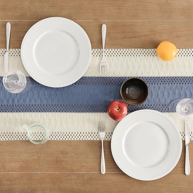 Macrame Style Bicolor Stitching Table Runner 14x36in Blue | Woven Boho Table - Image 4