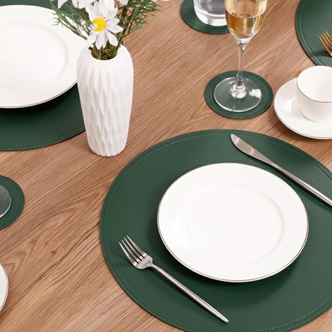 Jovono Faux Leather Round Placemats and Coasters, Wipeable Table Mats, Double - Image 3