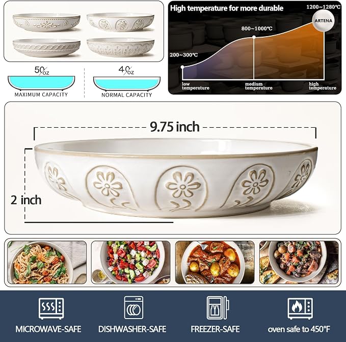 Pasta Bowls, 50oz Large Salad Serving Bowls, 9.75'' Plates Bowls Set of 4 - Image 7