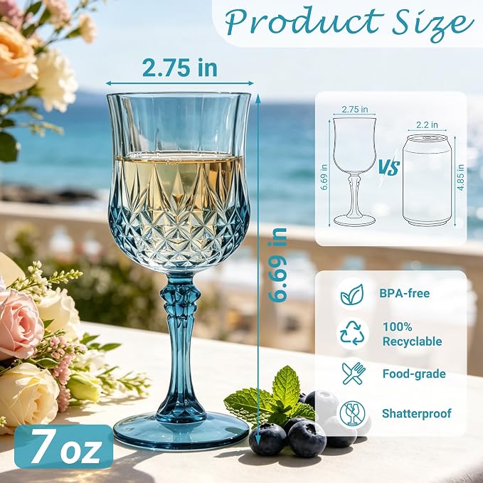 12Pack Plastic Wine Glasses, 7oz Vintage Goblets - Image 2