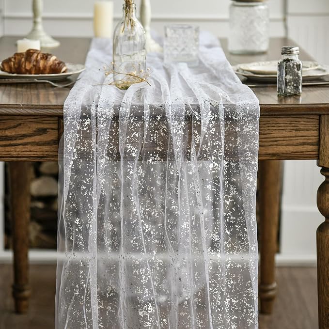 Artoid Mode White Silver Gauze Table Runner 120 Inch 10FT, Glitter Metallic - Image 2