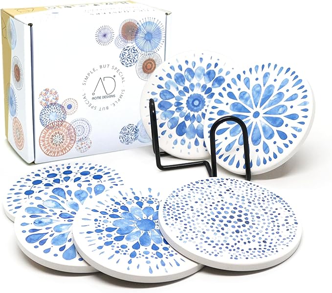 AD Set of 6 Coasters for Drinks Absorbing Round Ceramic Stone Coaster by AD