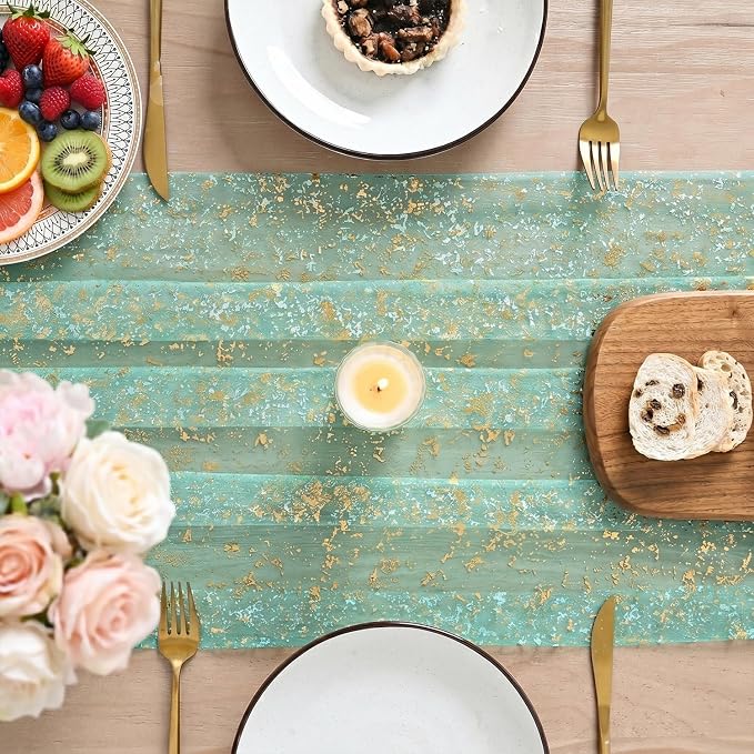 Artoid Mode 6Pcs Turquoise Gauze Gold Table Runner 10FT, Glitter Metallic Foil - Image 3