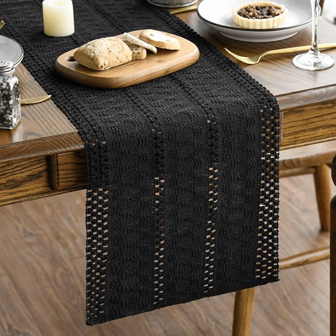 Artoid Mode Black Woven Farmhouse Hollow Table Runner 12x72 Inch | Holiday - Image 2