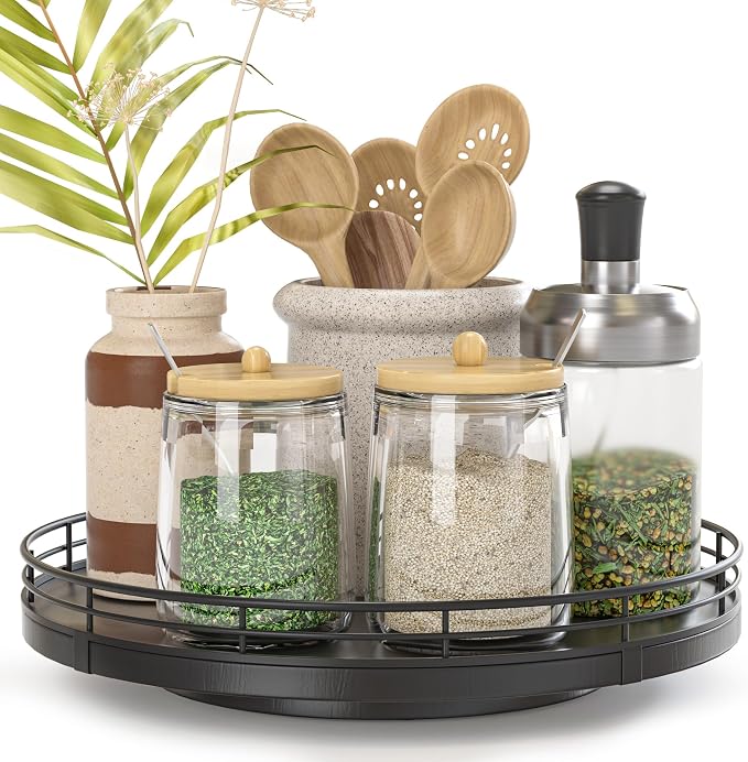 Oroyutor 9-Inch Oak Lazy Susan Spice Organizer, toiletries and decor on kitchen by Oroyutor