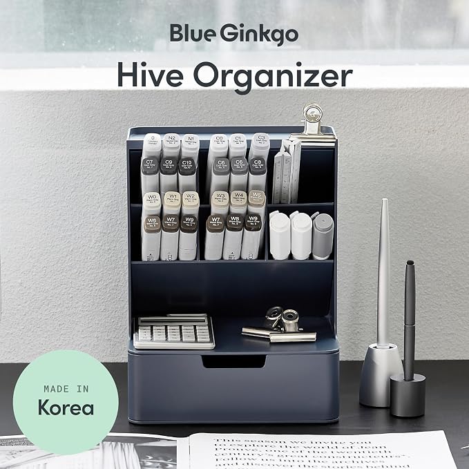 BLUE GINKGO Hive Pen Desk Organizer, Made in Korea | 6 Compartments. Full - Image 2