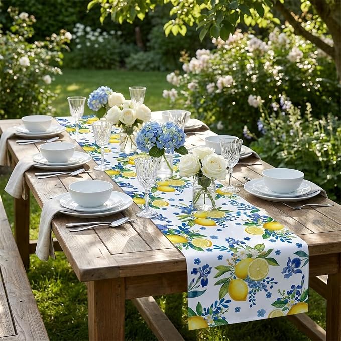 Lemon and Blue Floral Table Runner, 108 x 13 inches, Easy Care Machine Washable - Image 3