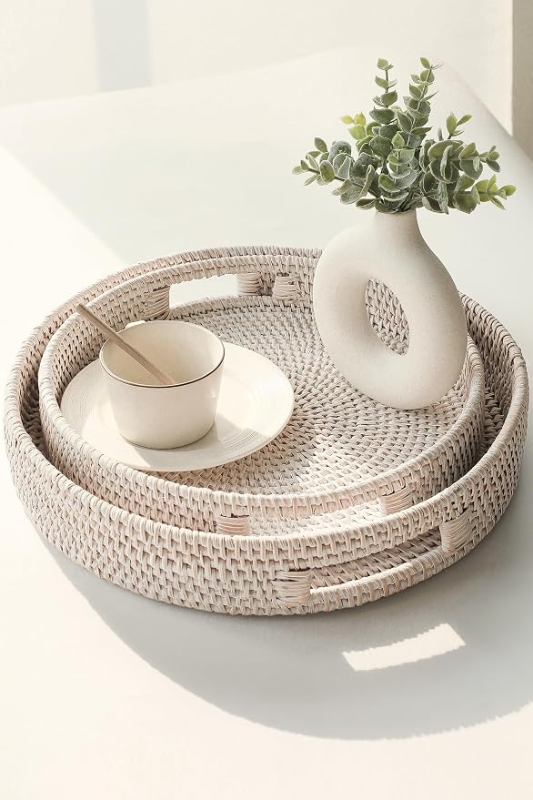 HITOMEN Hand-Woven Round Rattan Serving Tray Decorative Ottoman Wicker Platter - Image 4