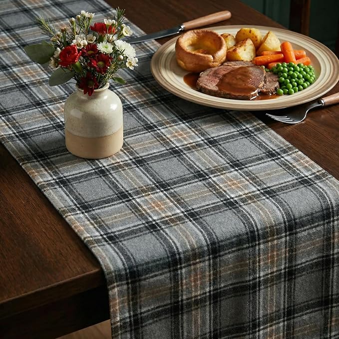 Artoid Mode Grey Brown Farmhouse Plaid Retro Table Runner, Rustic Holiday Check - Image 4