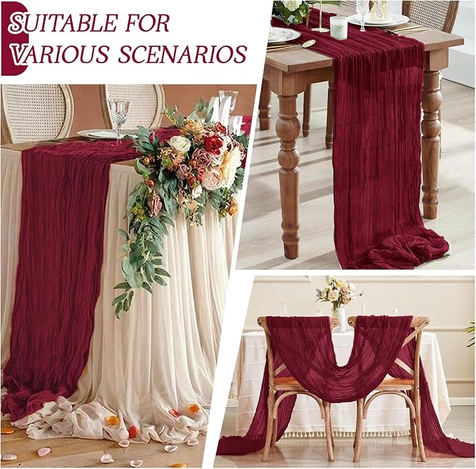 3 Pack Burgundy Cheesecloth Table Runner 17x108 Inch Semi Sheer Boho Gauze - Image 3