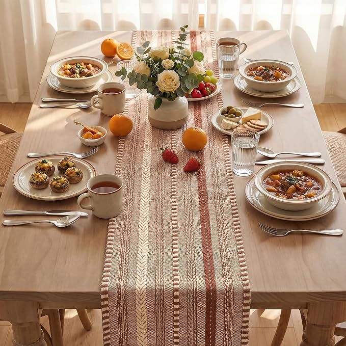 Artoid Mode Caramel Farmhouse Stripe Braided Table Runner 12x108 Inch | Holiday - Image 3