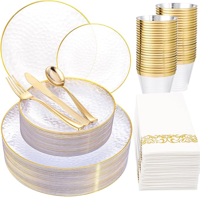 Rubtlamp 175 Pcs Plastic Dinnerware Set, Hammered Party Plates Include Dinner by Rubtlamp