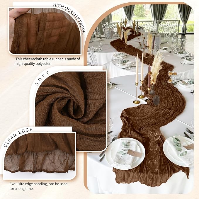 Showgeous 2 Pack Brown Cheesecloth Table Runners Boho Wedding Decor | Rustic - Image 3