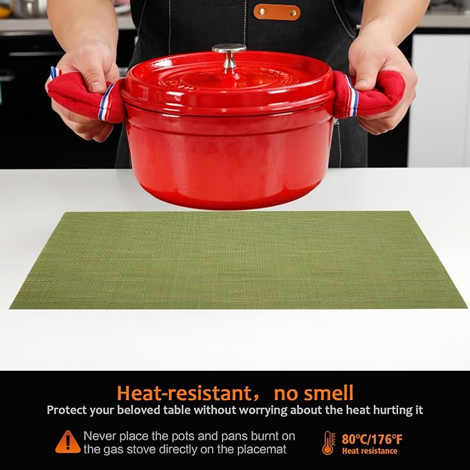 Green Vinyl Placemats Set of 12, Heat Resistant Table Placemats | 18x12 inch - Image 4