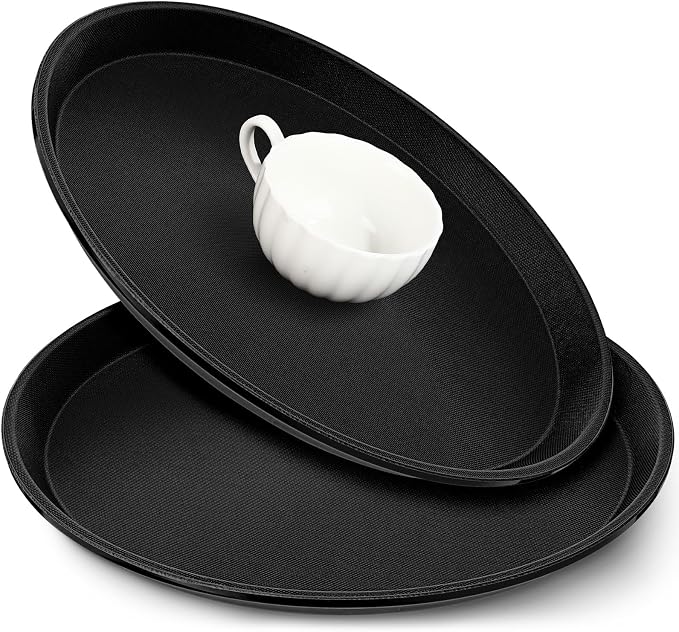 Zopeal 2 Pieces 14" Black Round Restaurant Serving Tray, Plastic Non Slip by Zopeal