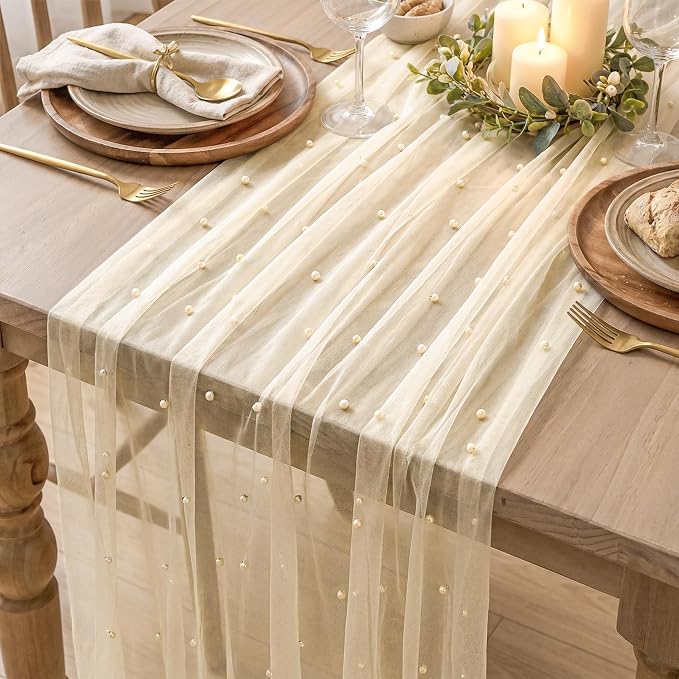 Artoid Mode Pearl Champine Gauze Table Runner 120 Inch 10FT, Seasonal Sheer - Image 5