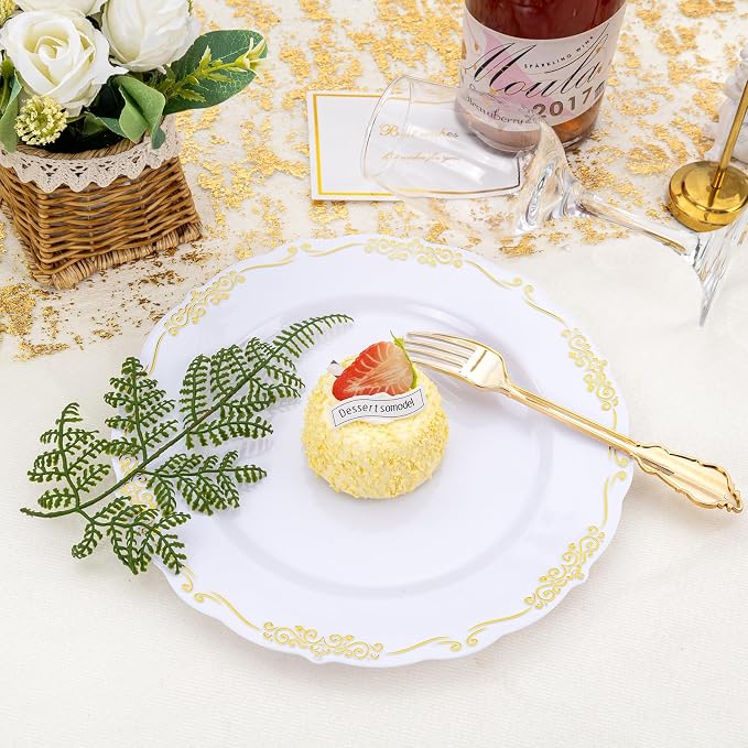 DaYammi 60PCS White and Gold Plastic Plates - Image 5