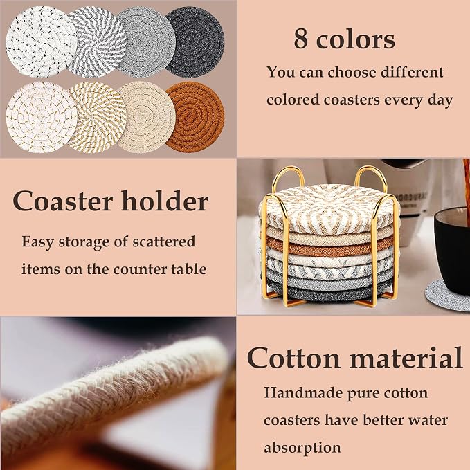 Golden Woven Coasters Set of 8, Absorbent Drink Coasters - Image 6
