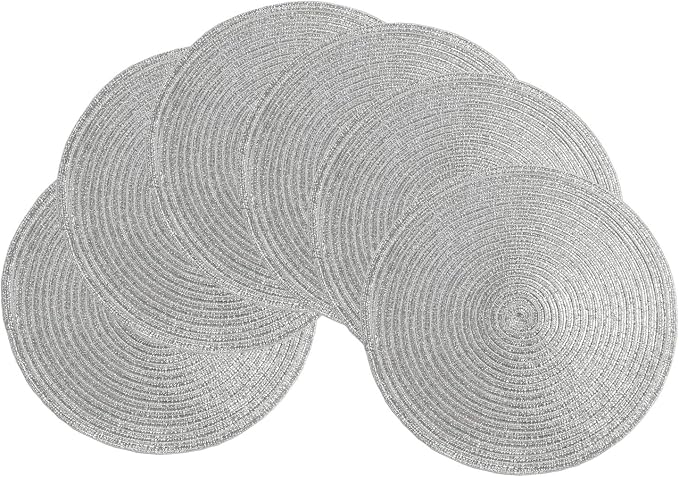 SHACOS Silver Glitter Round Placemats Set of 6 Sparkle Bling Place Mats Glitz by SHACOS