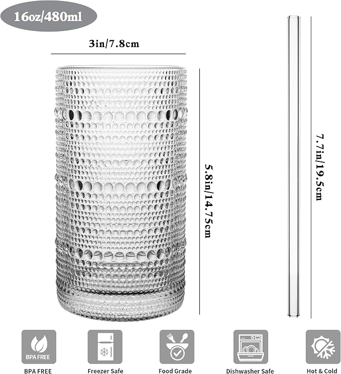 Dingerjar Upgraded Large Capacity 16 oz/480 ml Hobnail Glasses Drinking Set of - Image 2
