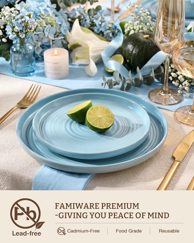 Dinnerware Set for 4, Ceramic Plates and Bowls, Ice Blue | 12 pcs Speckled - Image 2