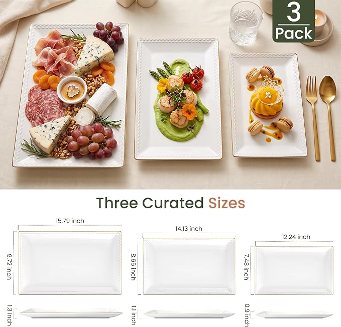 Kassel Ceramic Serving Platter Set | 16”/14”/12” Rectangular Serving Trays - Image 2