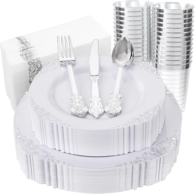 Nervure 175Pcs Silver Plastic Plates, Plastic Dinnerware Set by Nervure