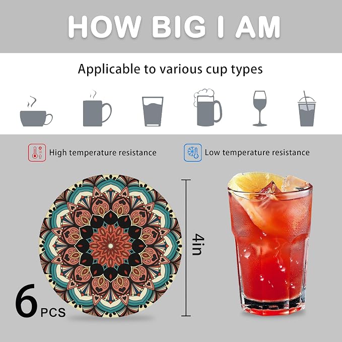 Drink Coasters for Drinks Set of 6, Mandala Absorbent Round Ceramic Stone Mat - Image 4